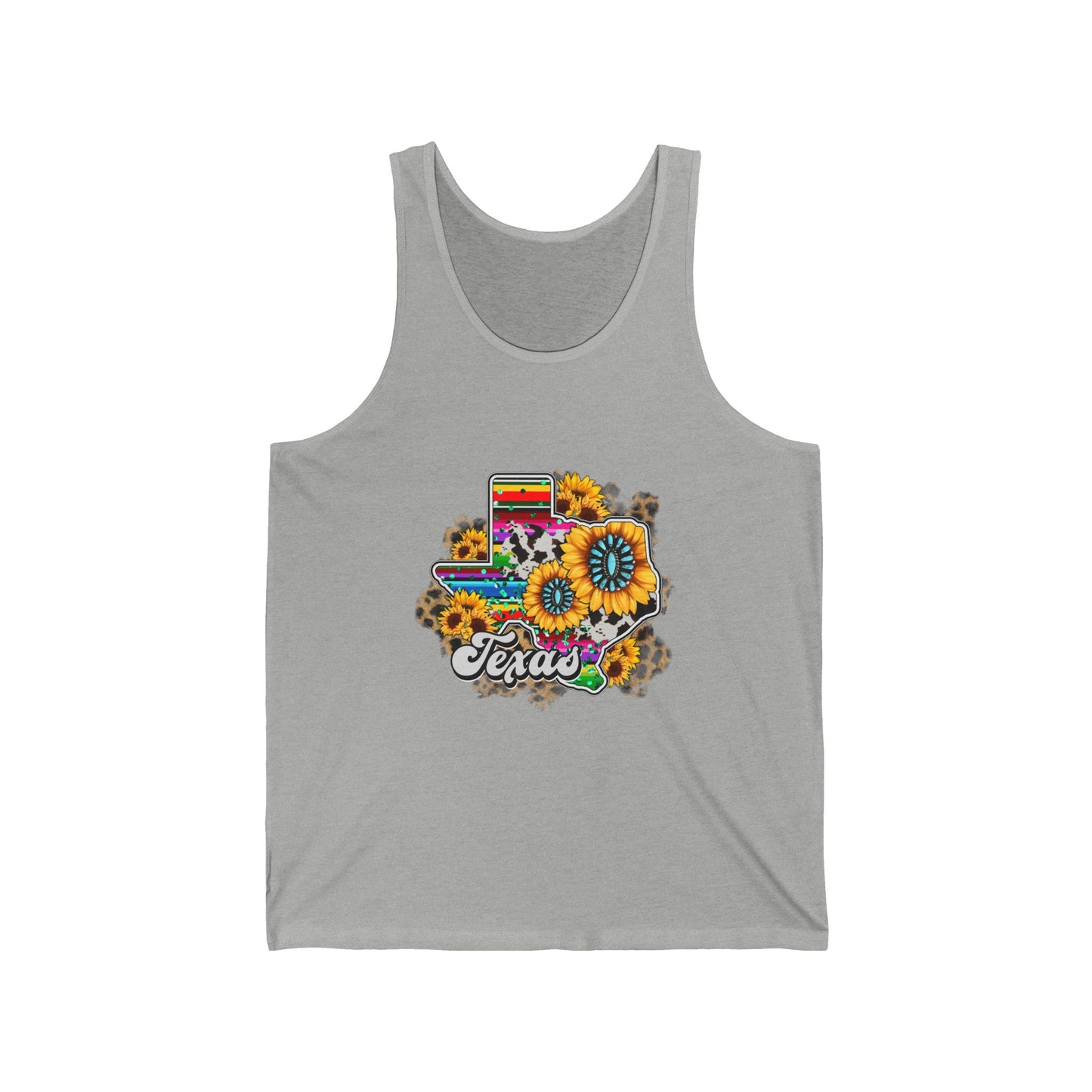 Colorful Texas Sunflower Unisex Jersey Tank, Summer Wear, Pride Apparel, Gift for Texas Lovers, Floral Graphic Tank Top, Casual Outfit