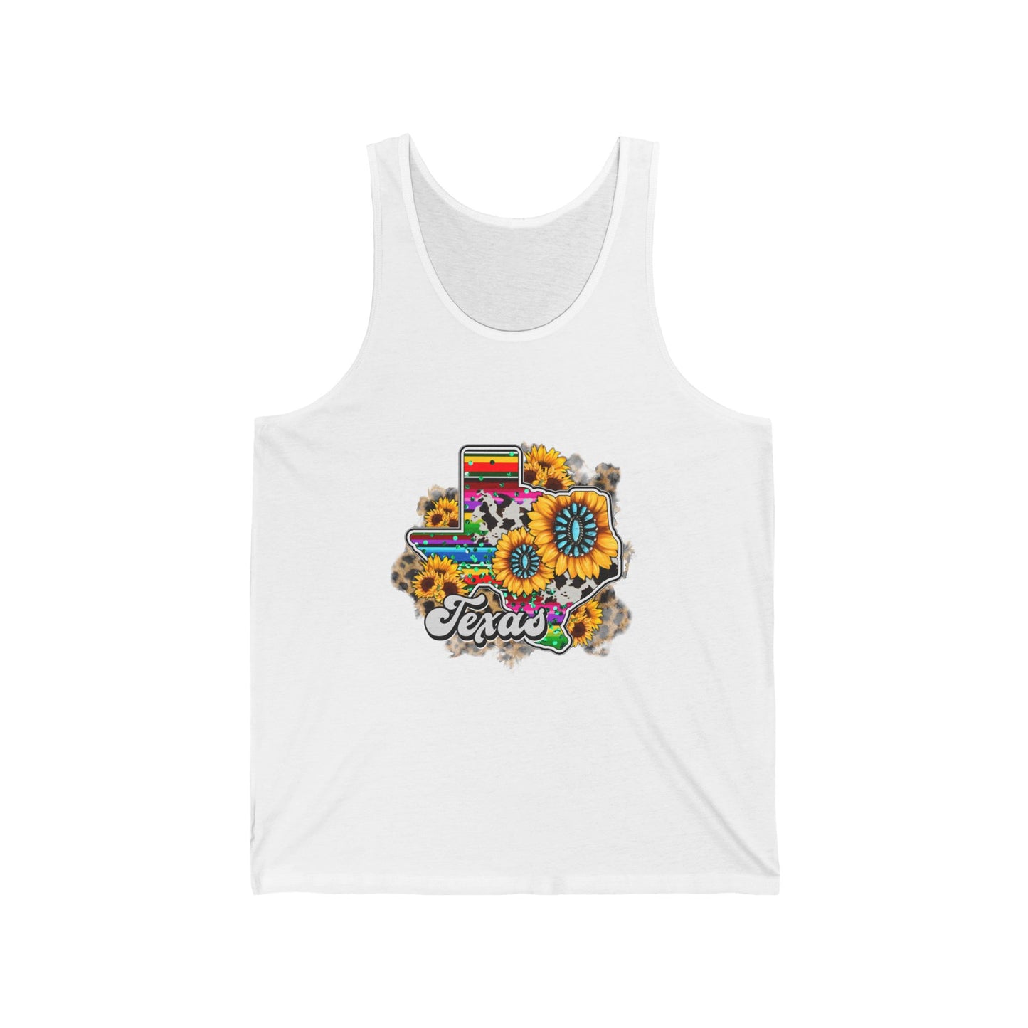 Colorful Texas Sunflower Unisex Jersey Tank, Summer Wear, Pride Apparel, Gift for Texas Lovers, Floral Graphic Tank Top, Casual Outfit